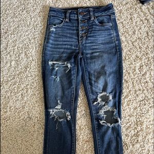 AMERICAN EAGLE Super Hi Rise Jegging Distressed Ripped Knee Button Fly Jeans